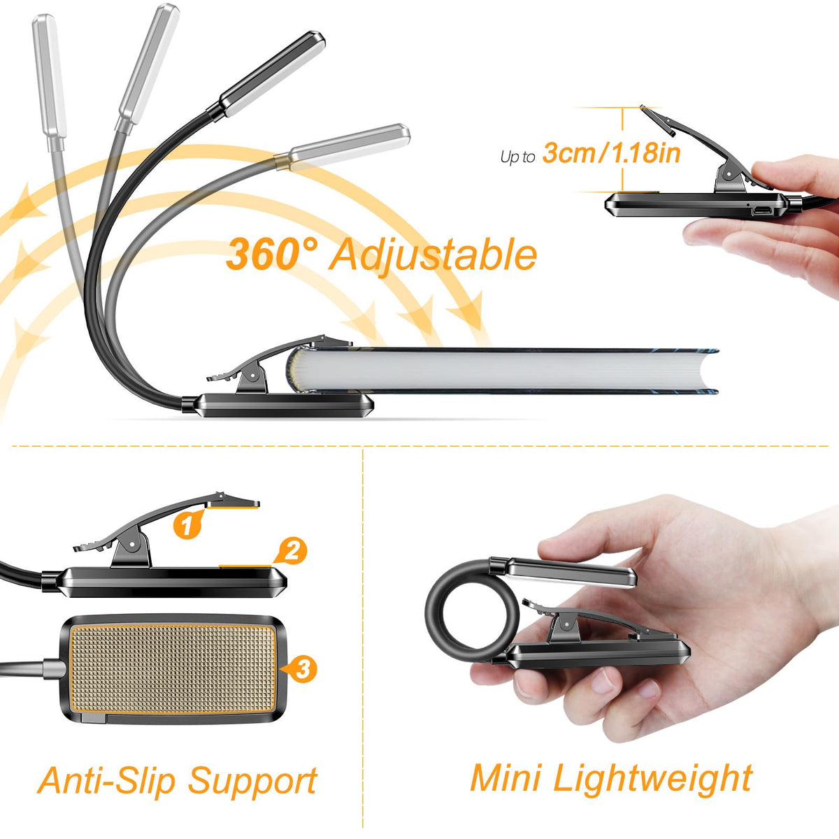 Gritin anti-skid clip keeps light secure on books.