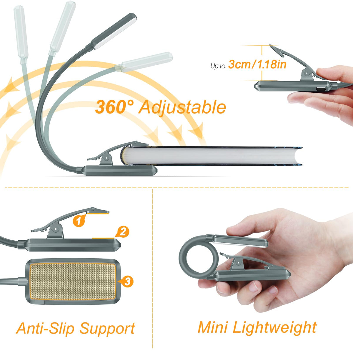 Gritin anti-slip clip design keeps the light securely on books