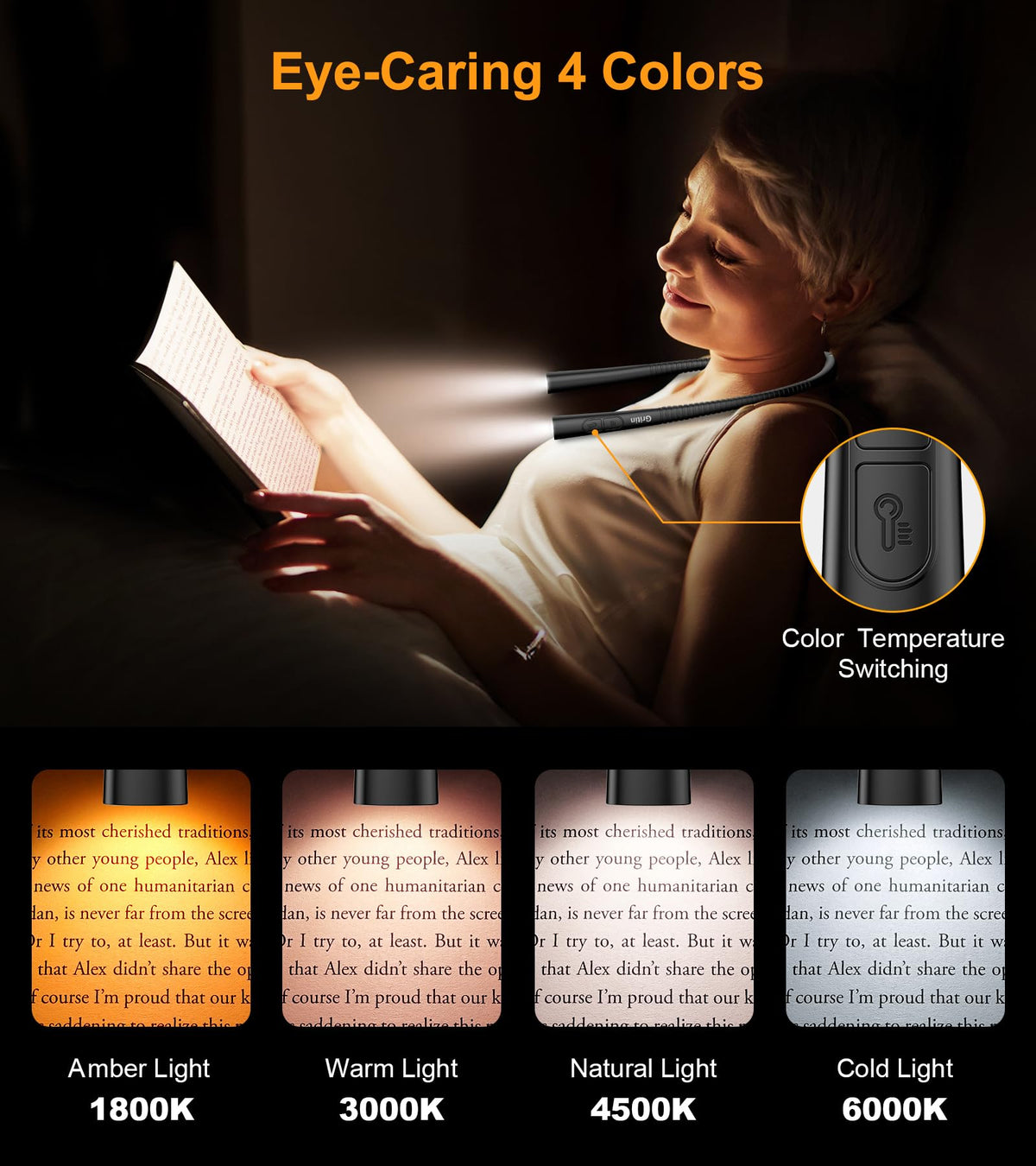 Gritin Book Light warm white 3000K is perfect for early evenings reading.