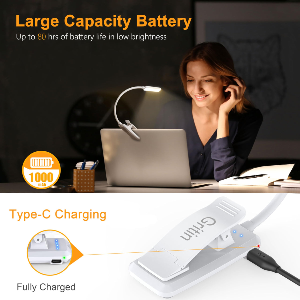 Gritin eye-friendly reading light provides flicker-free, comfortable illumination.