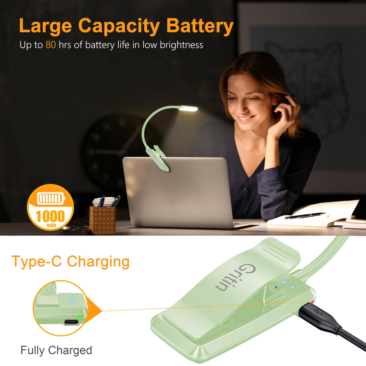 Gritin stepless dimming lets you adjust brightness precisely for your reading needs.