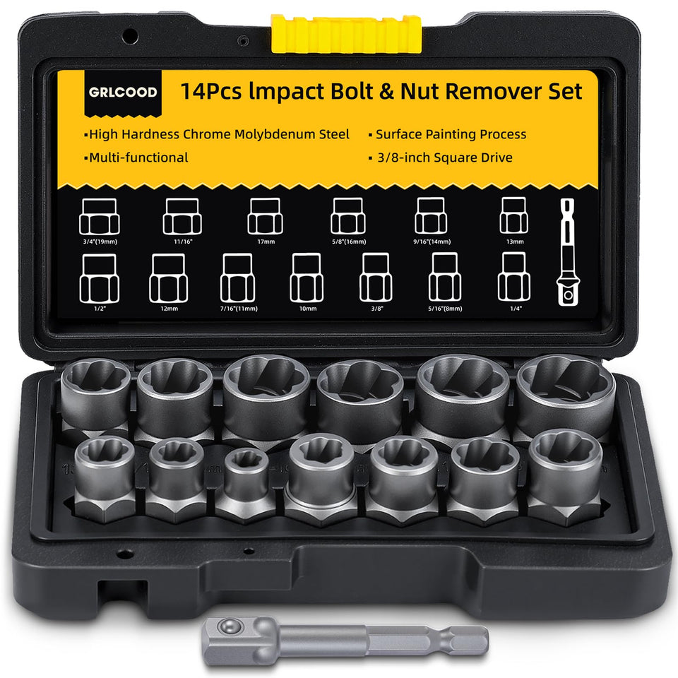 GRLCOOD 14-piece bolt extractor kit for damaged bolts, built to last