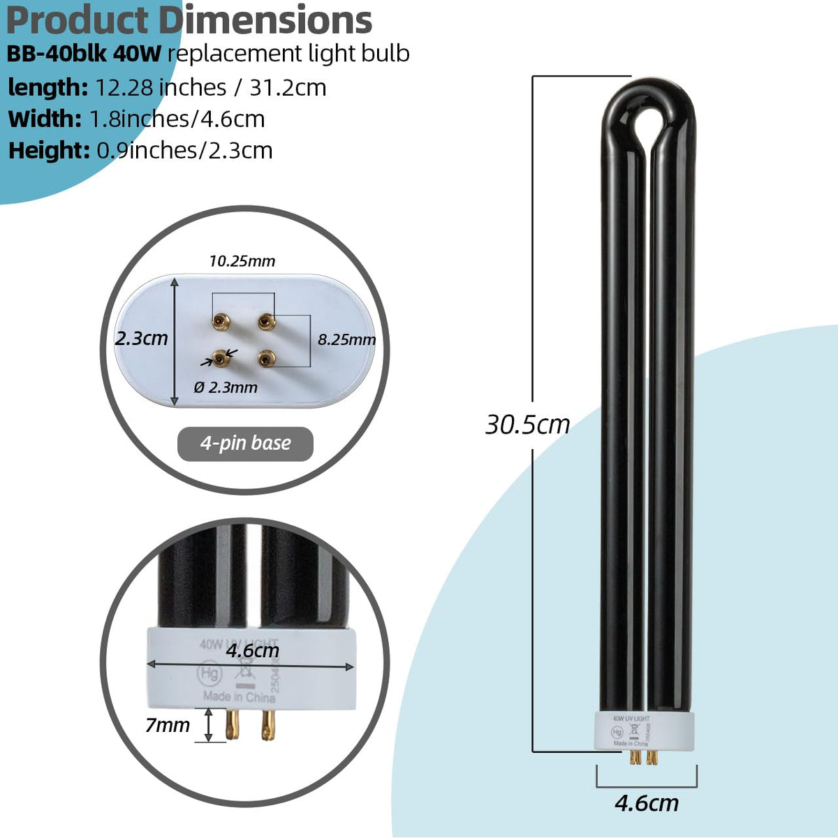 GRONGU 40W black light bulb side view highlighting the twin tube for versatile use.