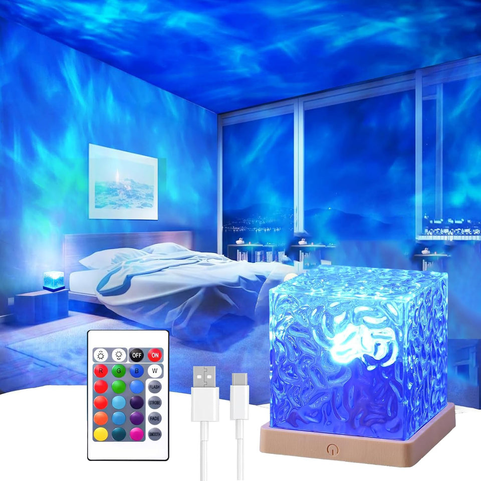 Growalleter Ocean Wave Projector Light front view shows ambient glow for any room