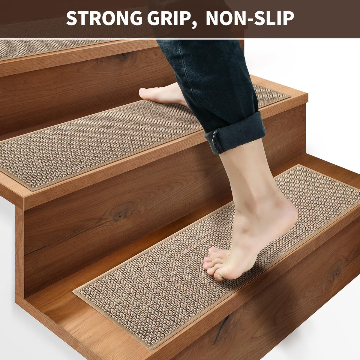 GROWLING Linen Stair Treads self-adhesive backing enables glue-free installation.