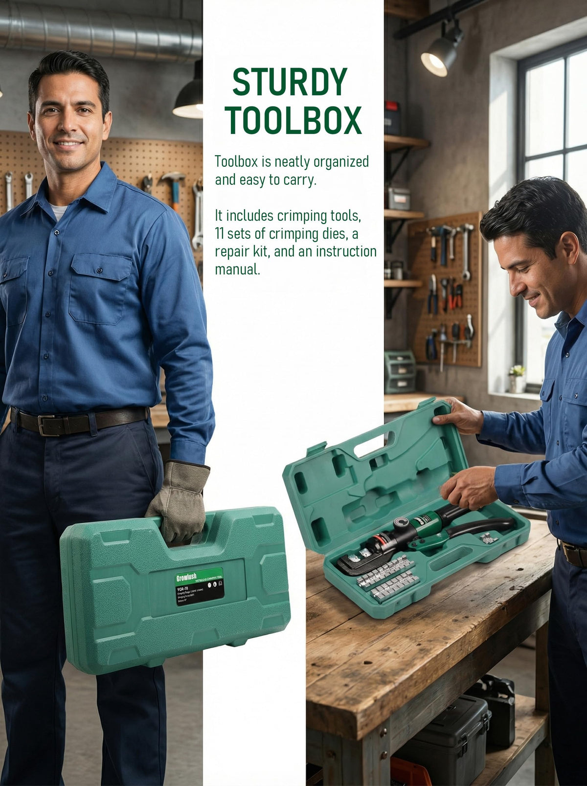 Heavy-duty crimping action on copper lugs demonstrates capability