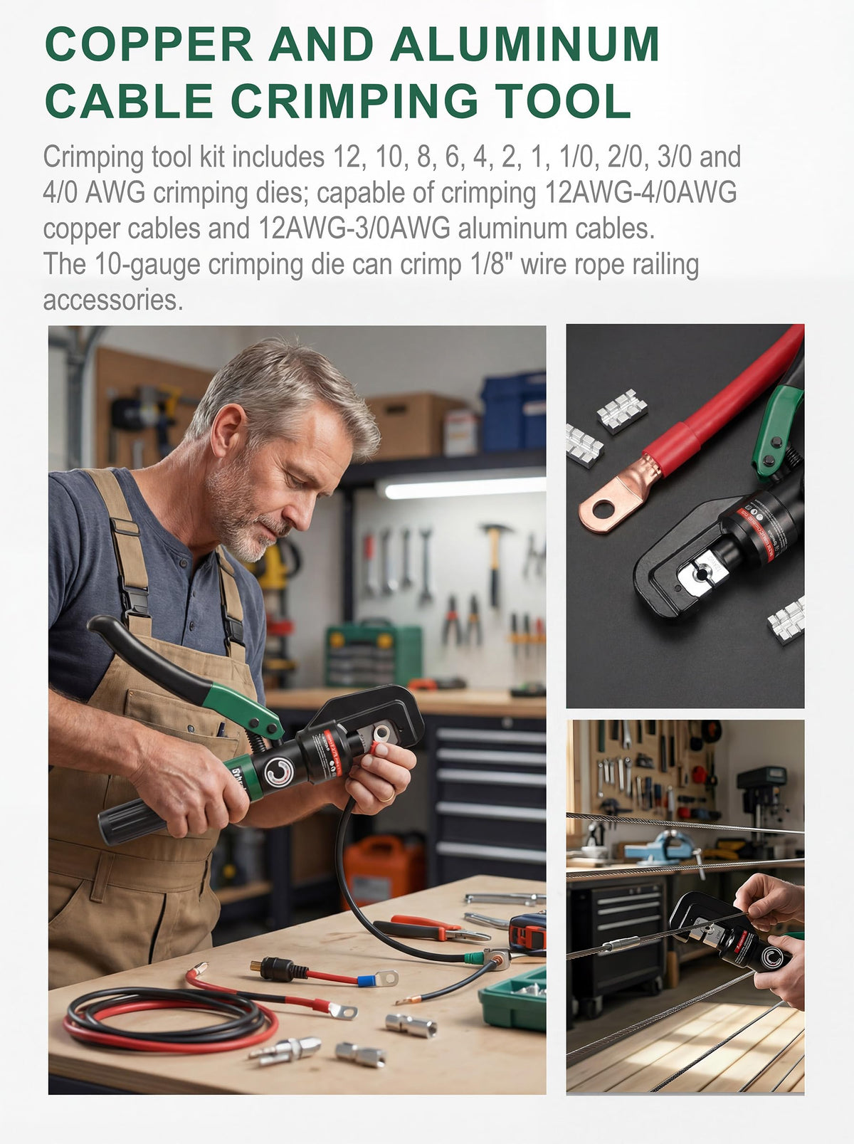Precision dies set for reliable crimps on 12–4/0 gauge cables