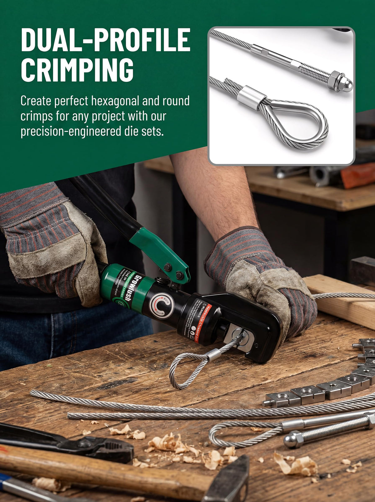 Growlush stainless steel terminal dies compressing a deck railing terminal