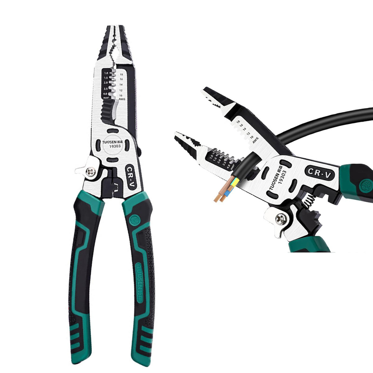 Groword 10-in-1 wire stripper tool held for versatile on-the-job use.