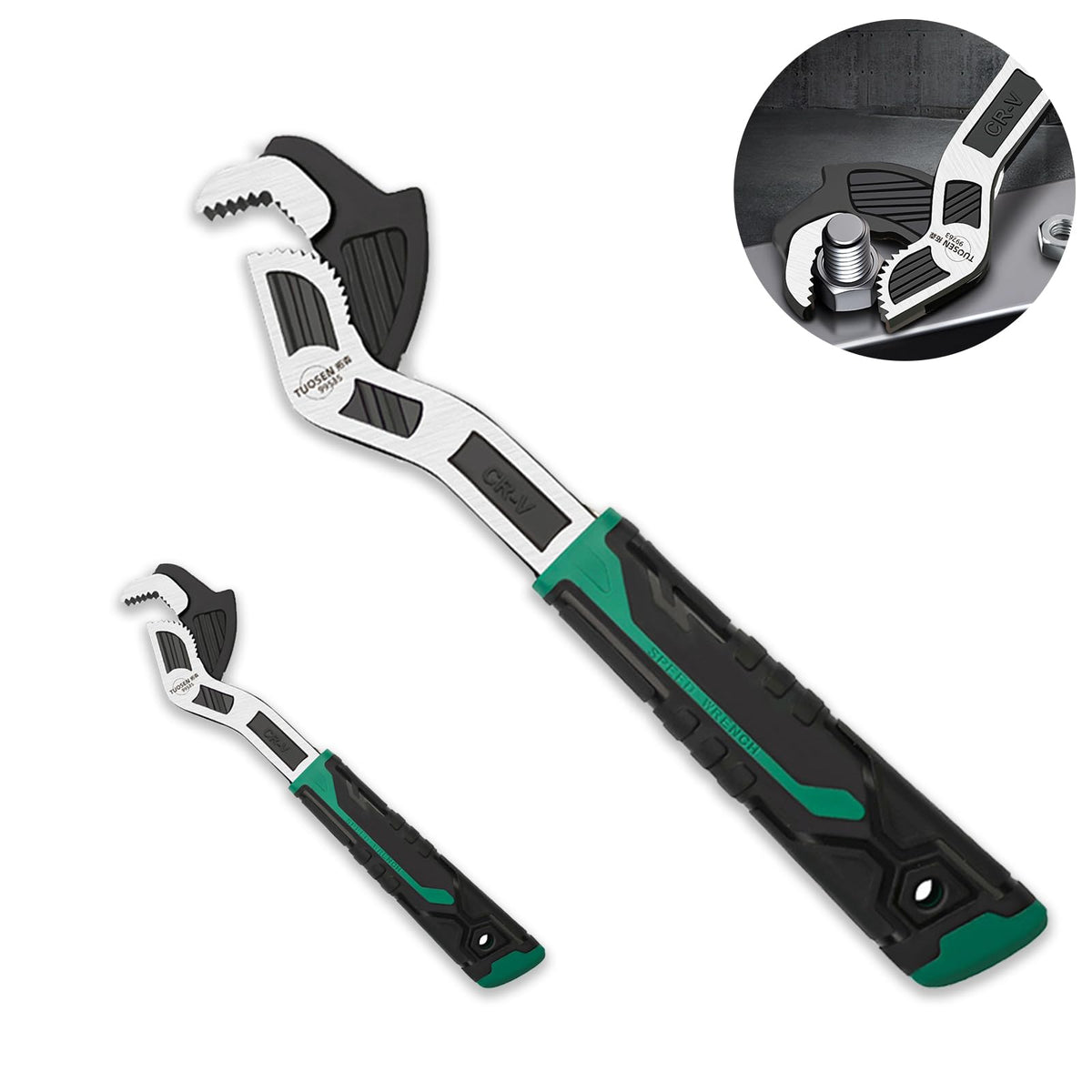 Groword adjustable wrench with self-locking jaw for one-handed operation.