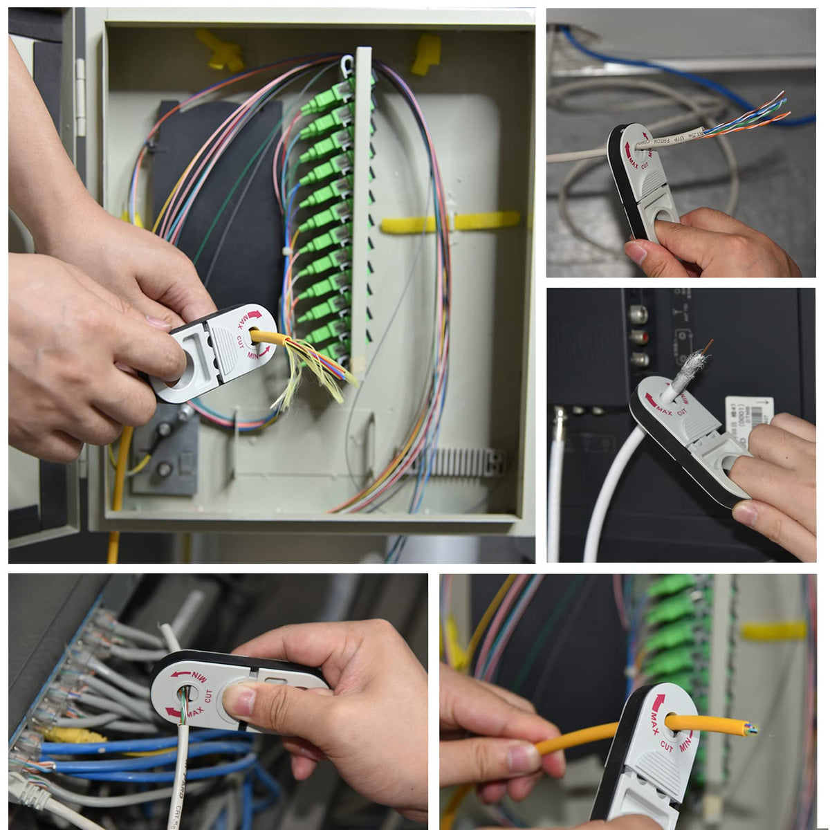 Groword universal network stripper handles 1/8 to 3/8 inch cables.