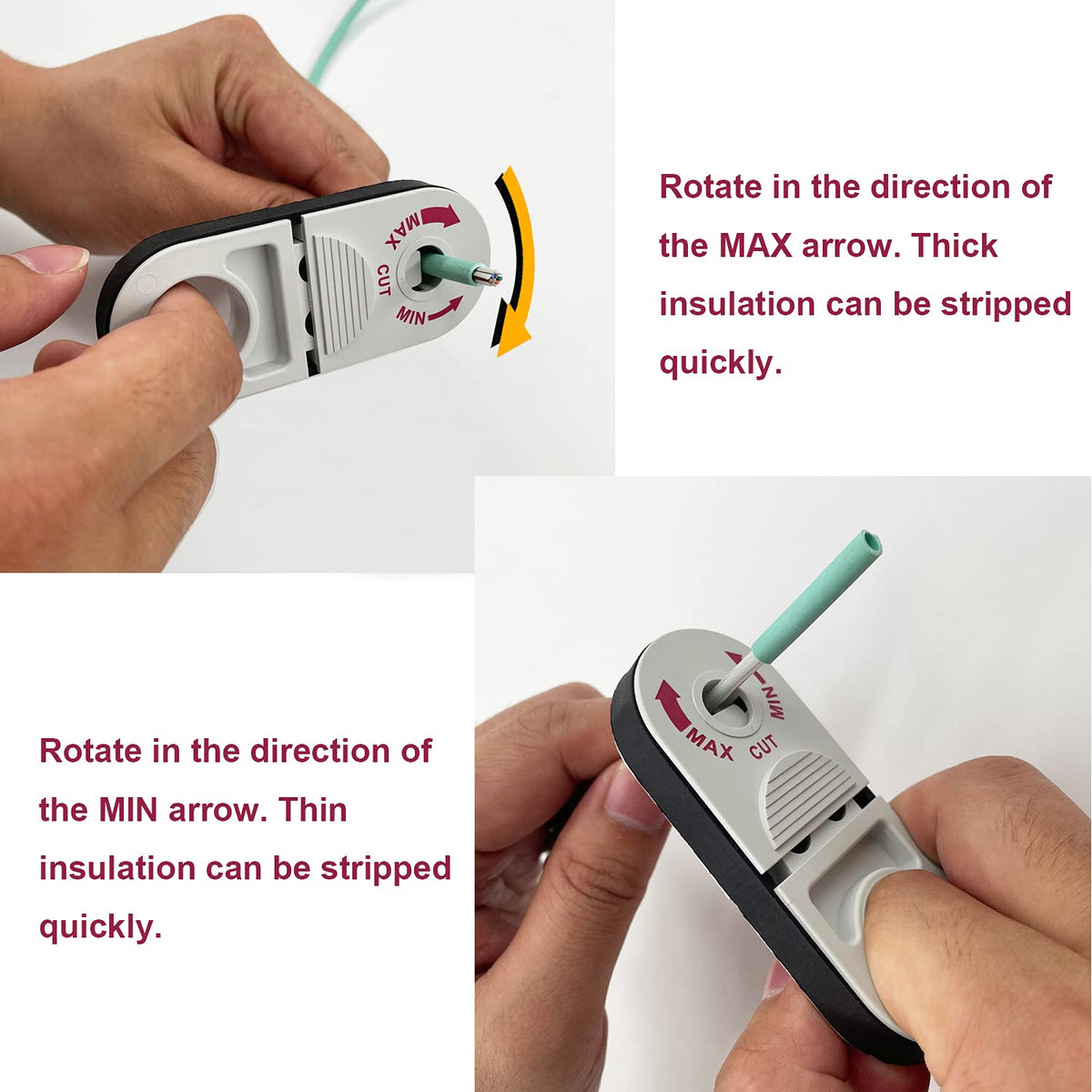 Groword universal network stripper in use with Cat6 cable for quick stripping.