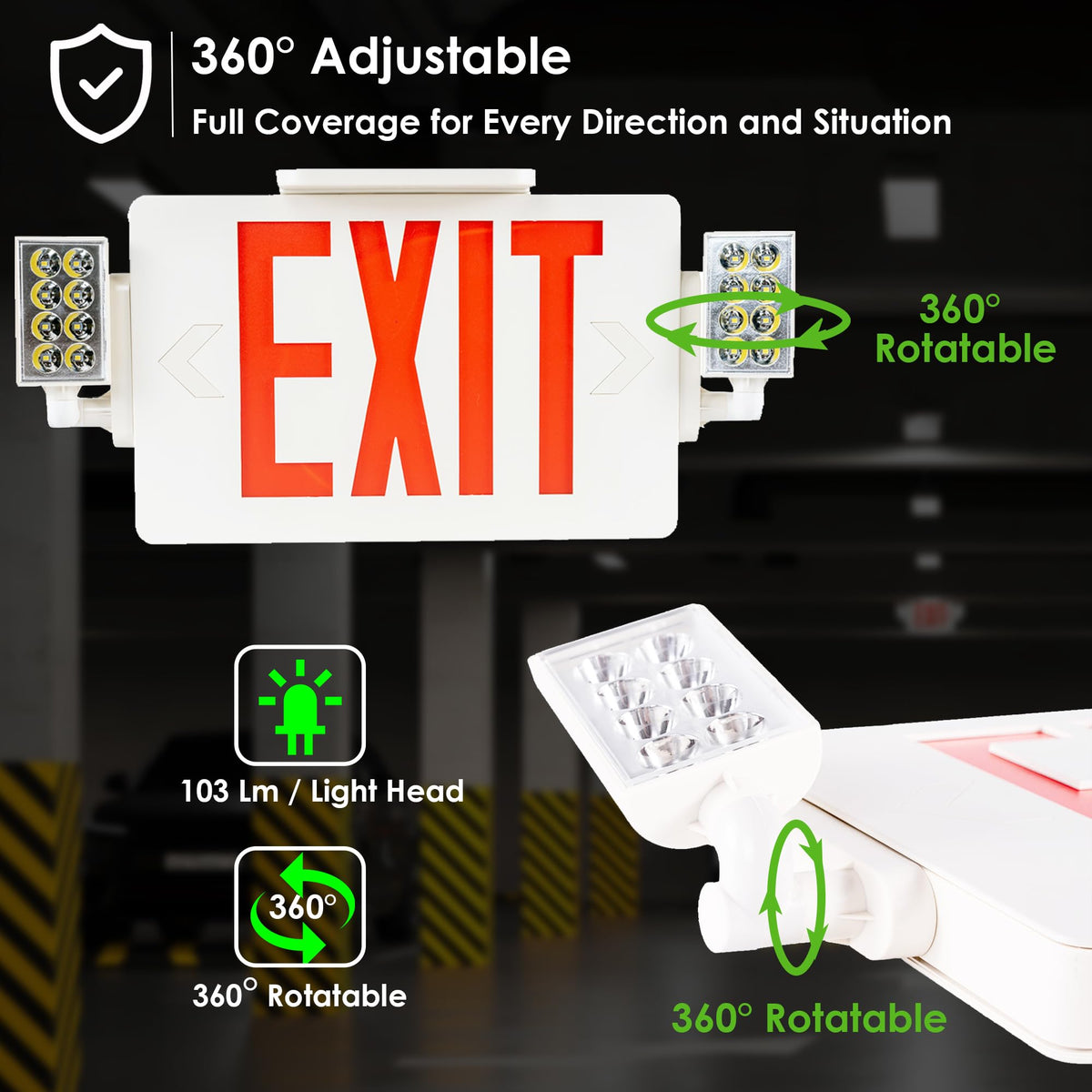 Gruenlich exit sign durable thermoplastic housing resists heat and impact