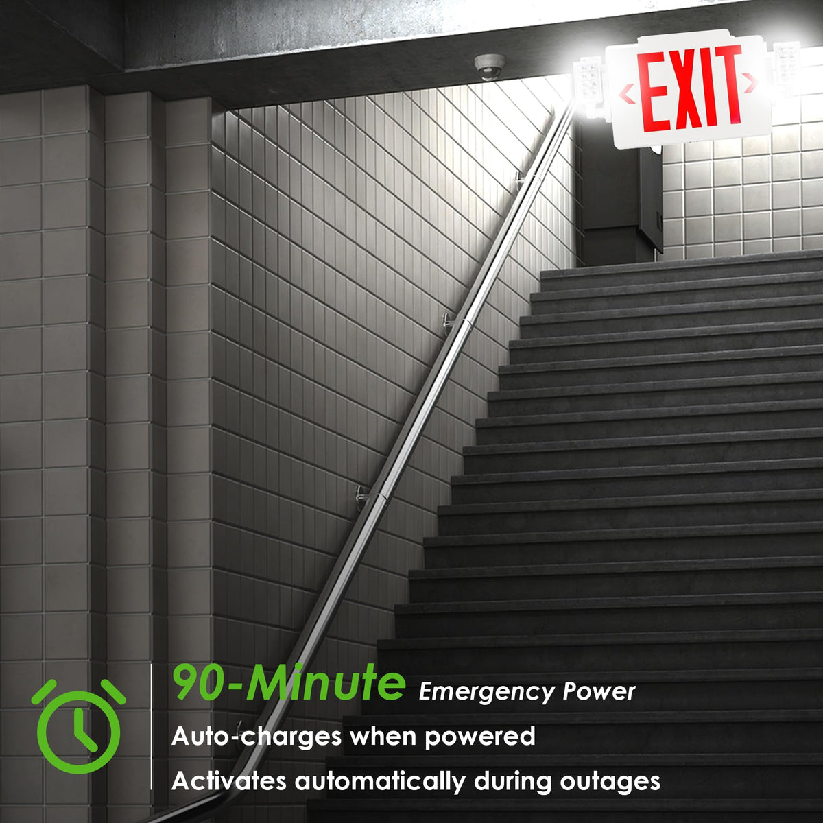 Gruenlich LED combo exit sign includes battery back-up for outages