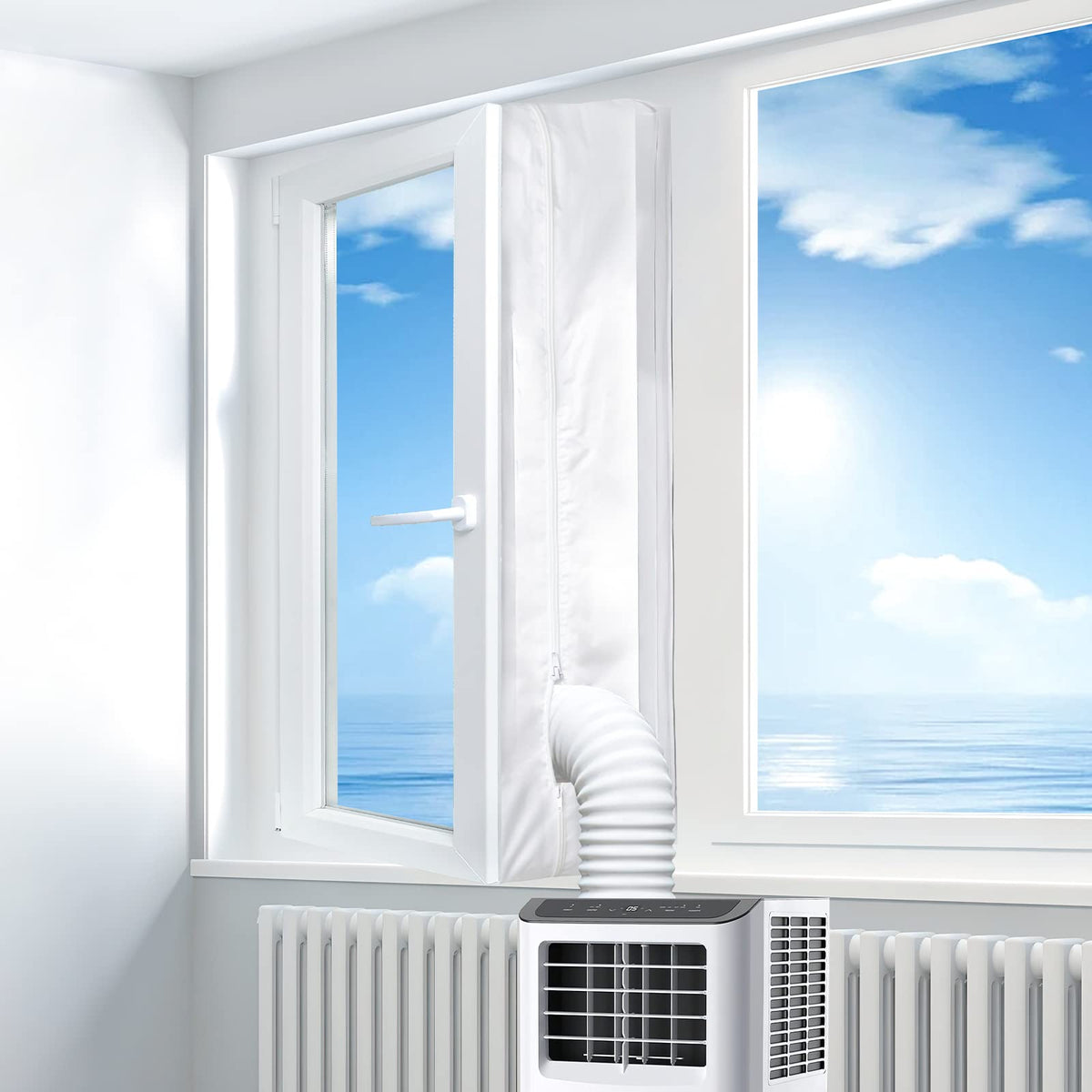 Gruntbear portable AC window seal front view showing airtight connection for efficient cooling