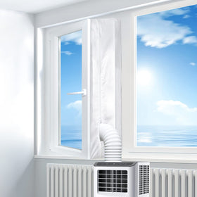 Gruntbear portable AC window seal front view showing airtight connection for efficient cooling