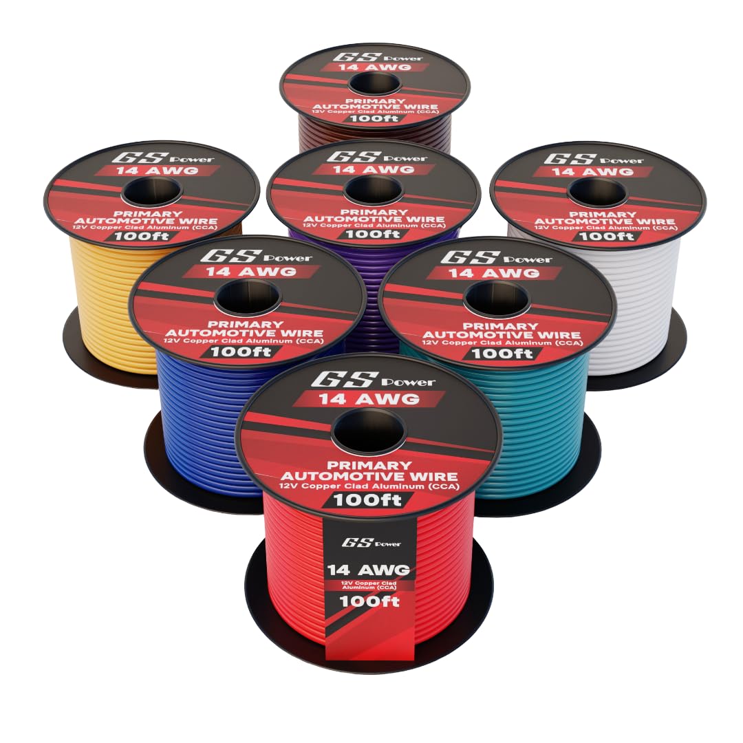 GS Power 14 AWG wire spool with seven colors for automotive wiring.
