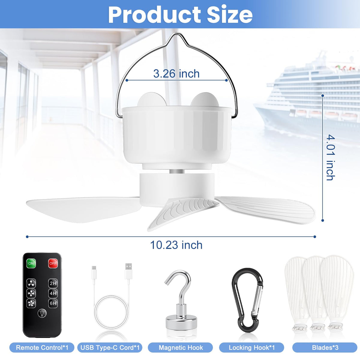 GSQQTE cruise fan with 3-speed quiet motor for gentle airflow.