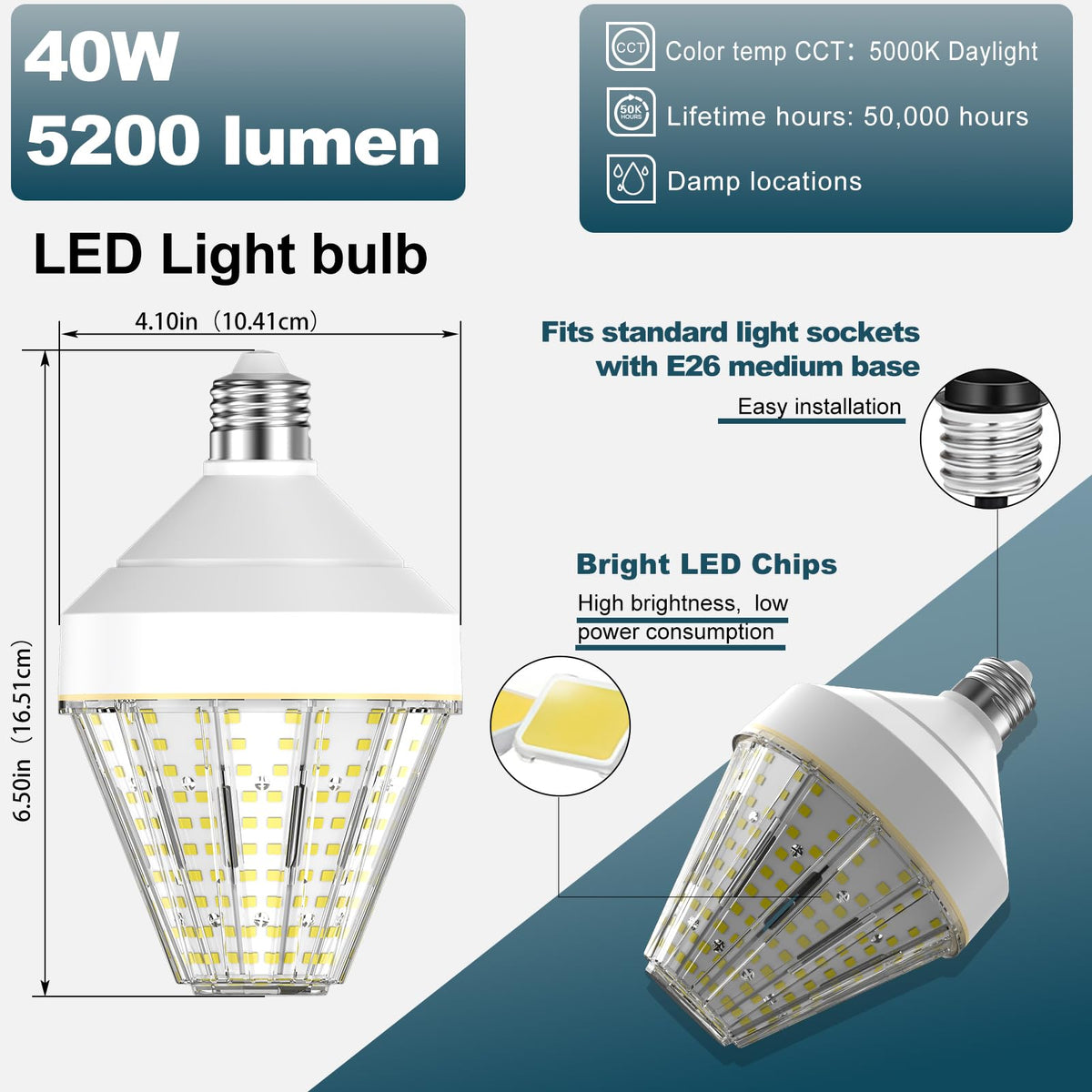 GT-Lite 40W-equivalent LED corn cob bulb with E26 base installed in fixture.
