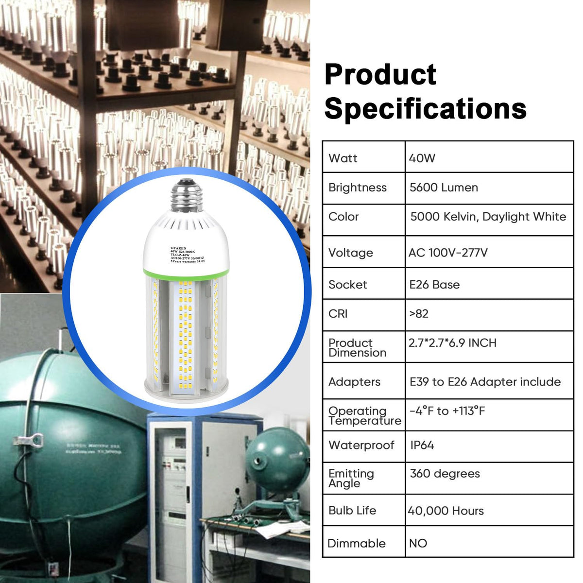 GTAREN corn cob bulb with E26 base, easy replacement for existing fixtures.