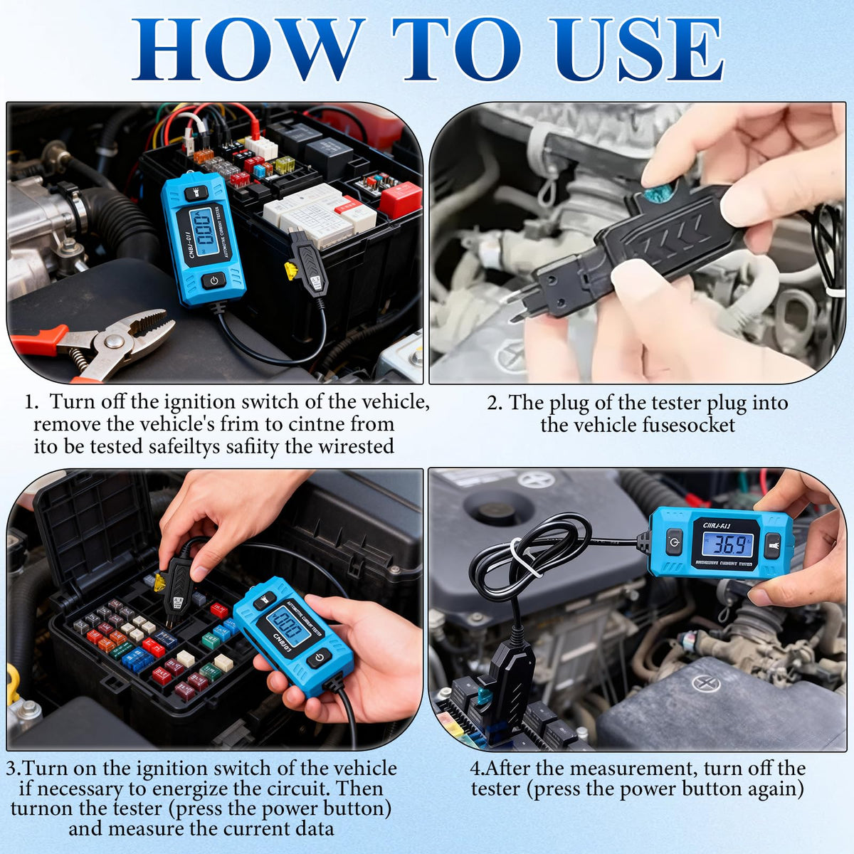 Gtrsiow automotive circuit fault probe tester in use for portable vehicle diagnostics