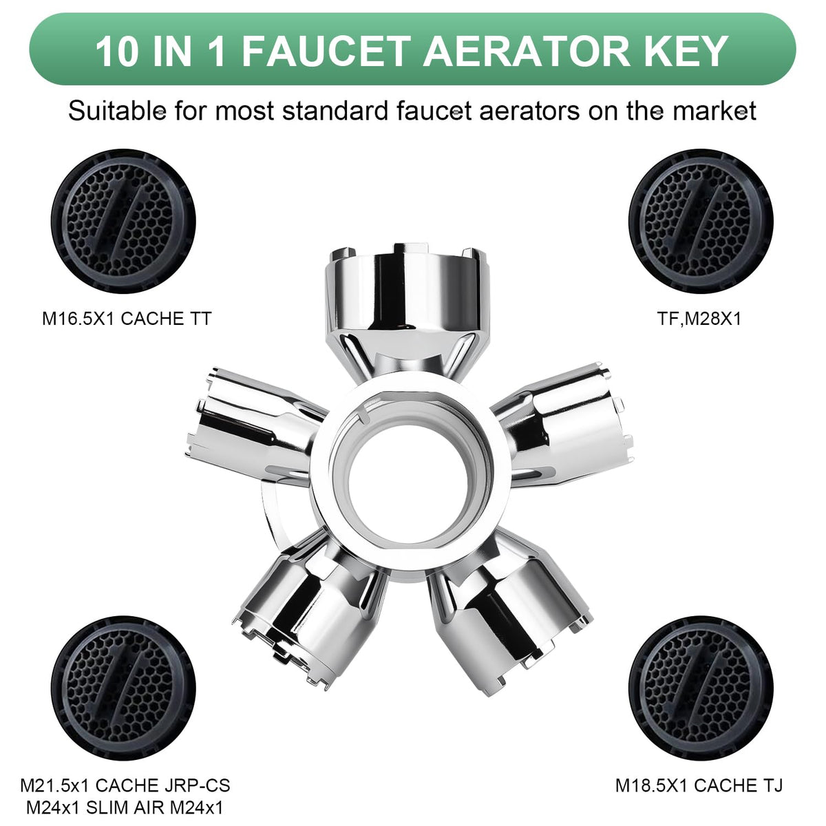 Guaiboshi tool showing size range for universal faucet compatibility.