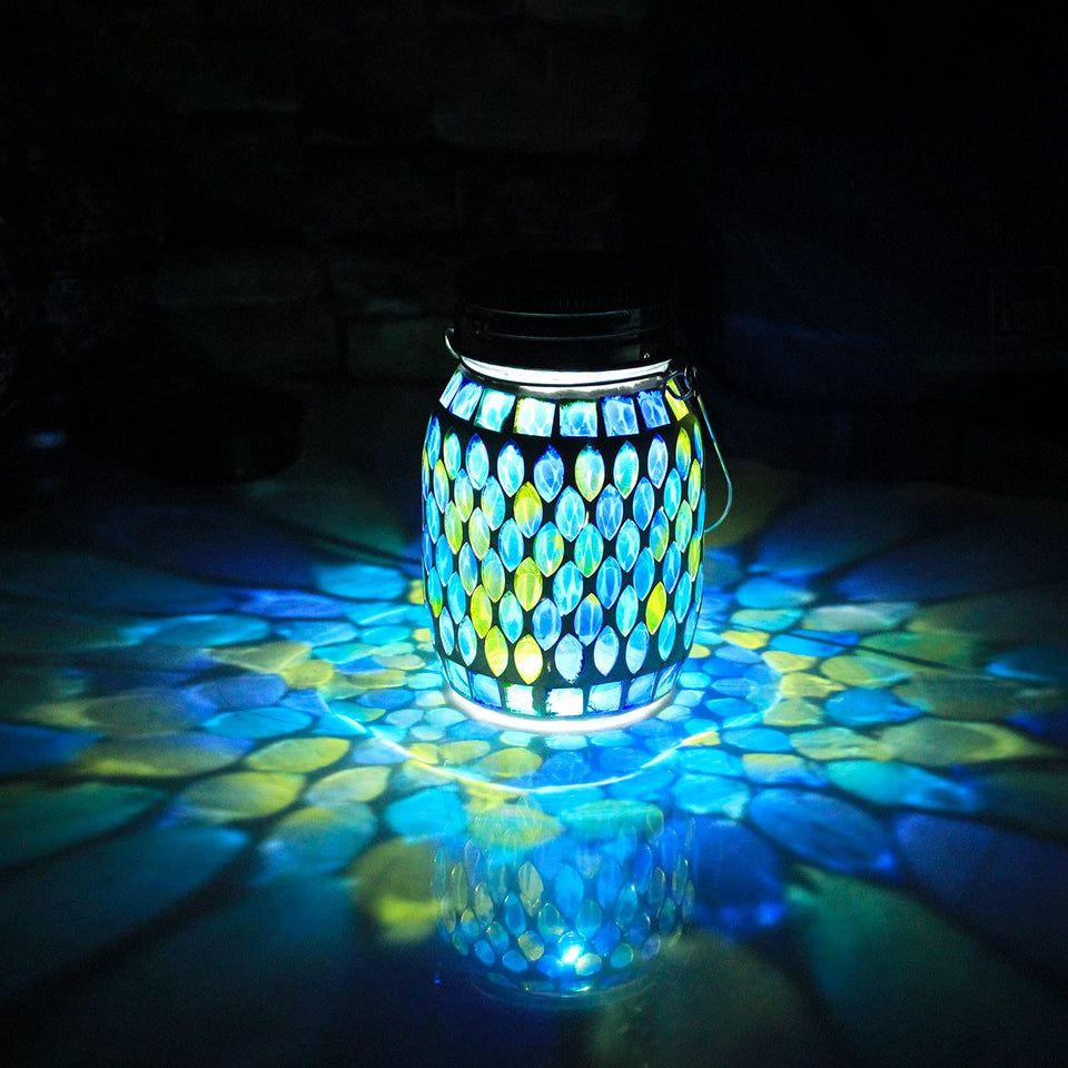 GUANFU mosaic lights solar lantern with blue glass creates a cozy garden glow.