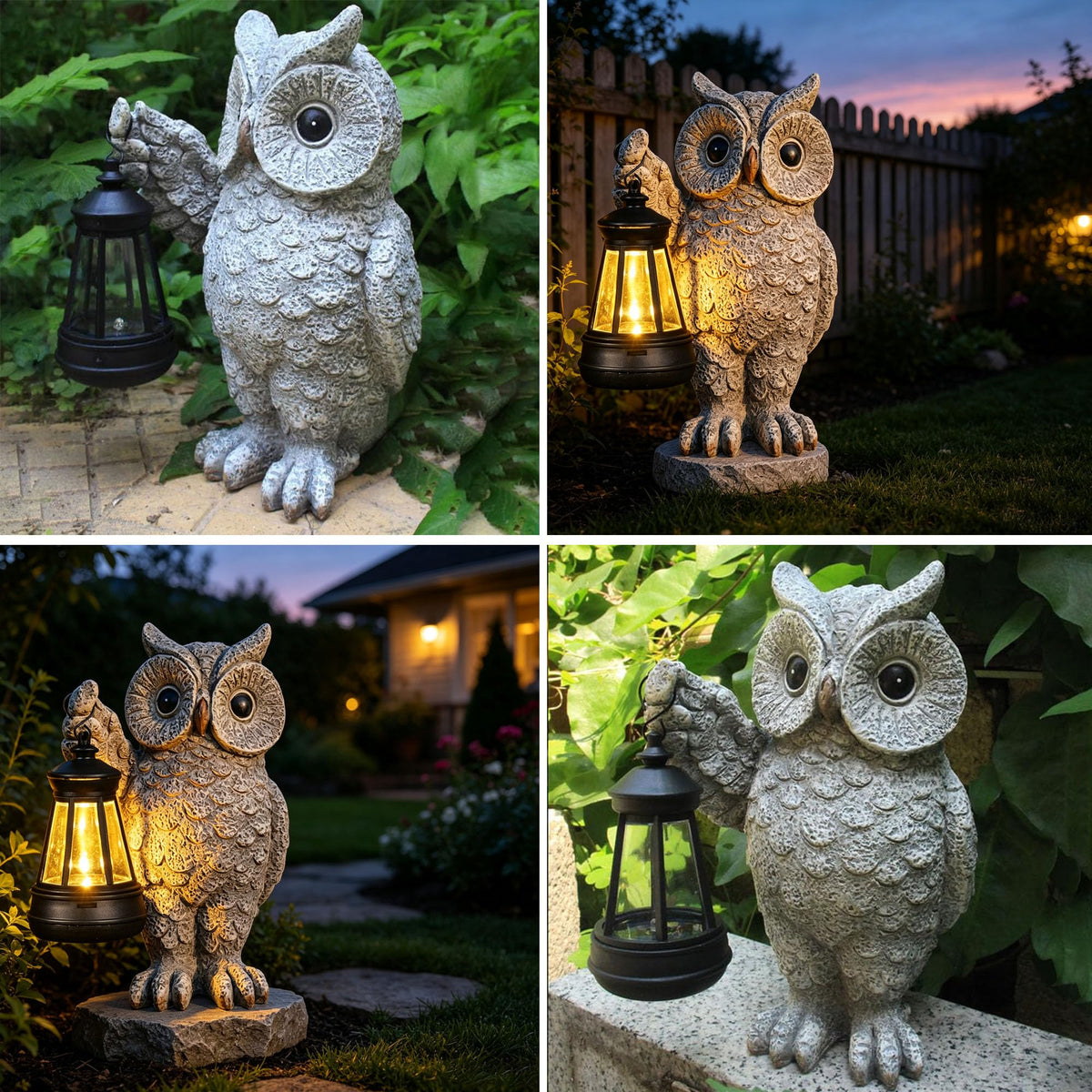 GUANFU owl lantern at dusk casting a soft glow.