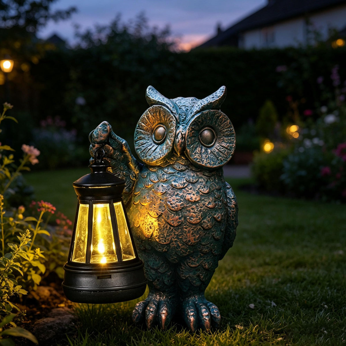GUANFU owl lantern in garden, solar-powered glow for inviting evening paths.