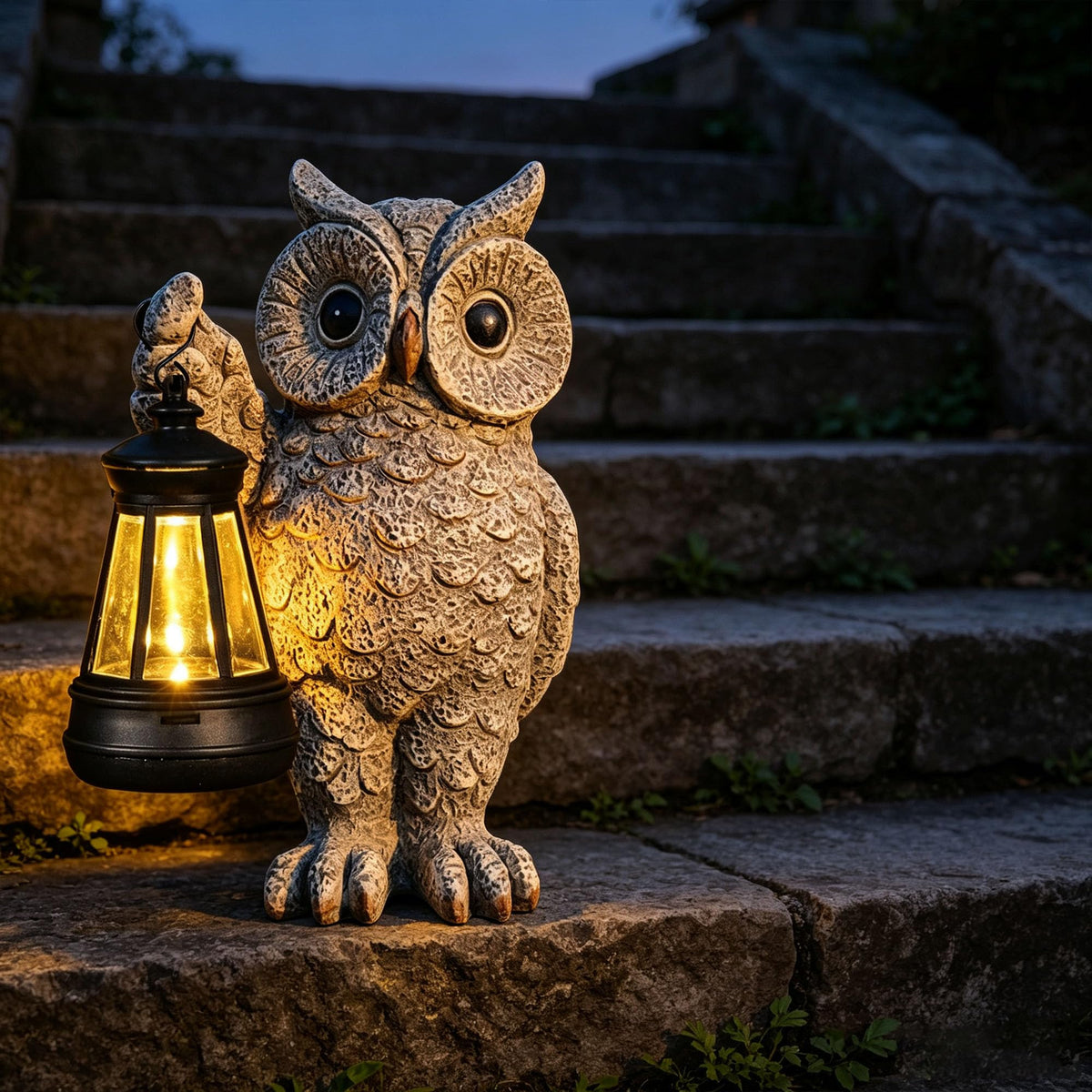 GUANFU owl statue guards the porch at night with light.