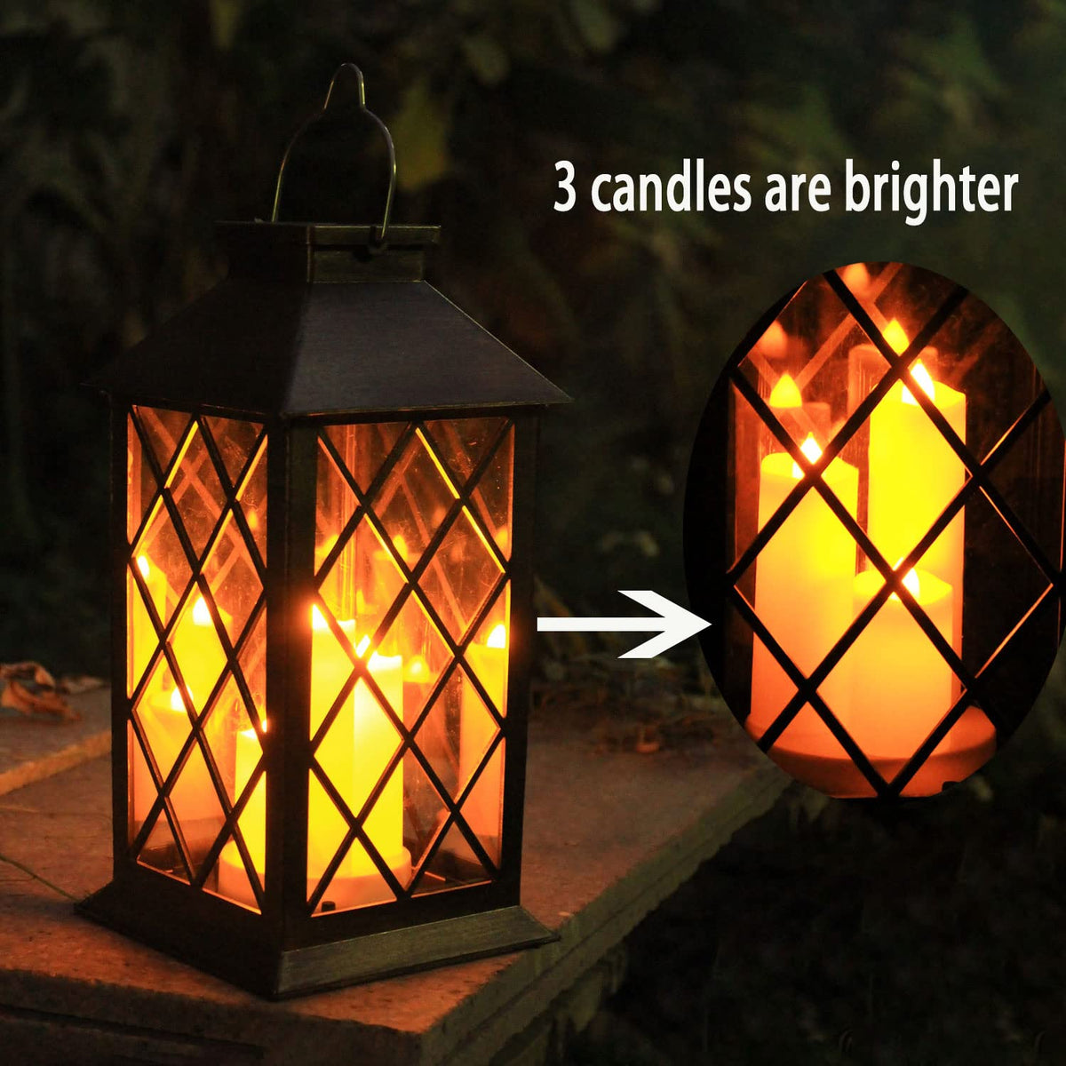 Guanfu solar lantern on tabletop display for cozy outdoor lighting.