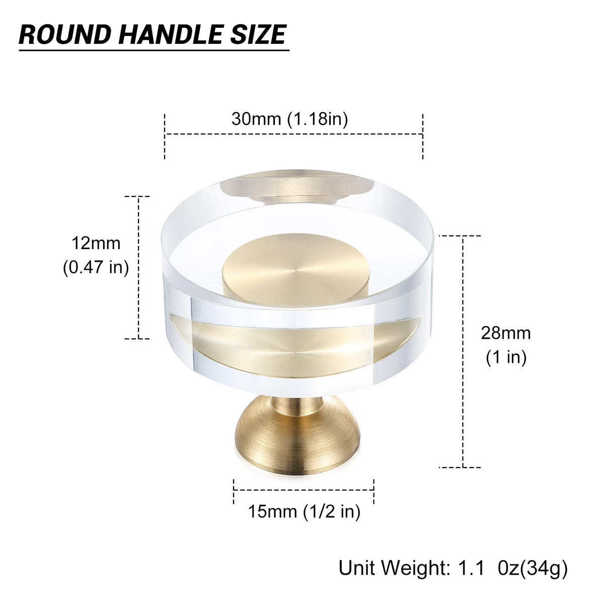 Guank brushed brass round knob with crystal glass surface enhances dresser aesthetics.