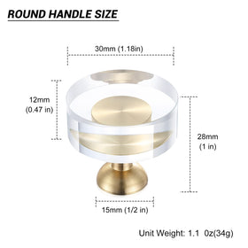 Guank brushed brass round knob with crystal glass surface enhances dresser aesthetics.