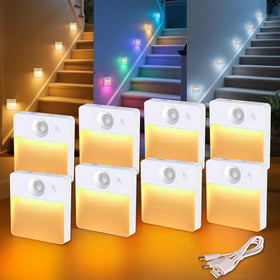 Guankai 8-pack rechargeable motion sensor stair light illuminates stairs for safe navigation.