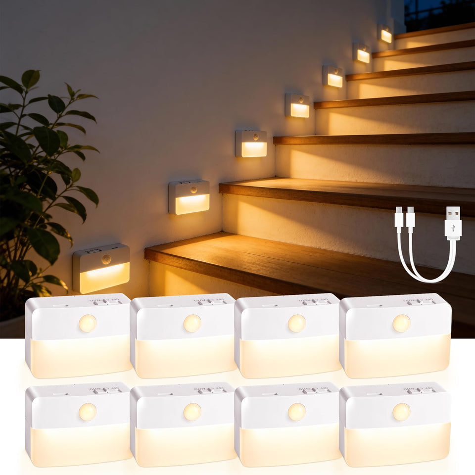 Guankai 8 pack stair light set, rechargeable for continuous hallway illumination.