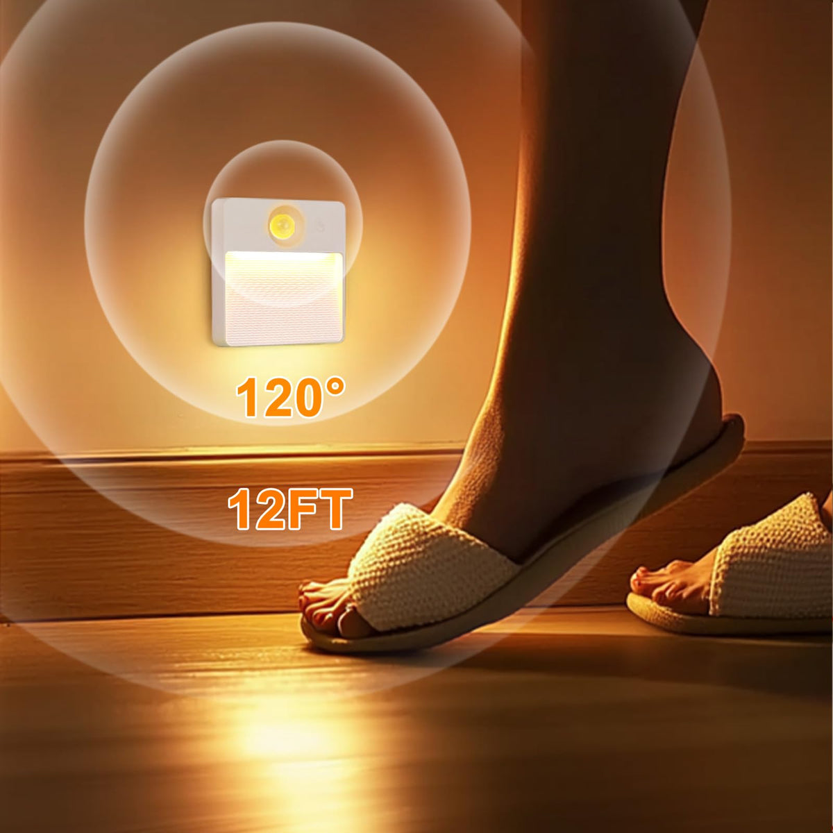 Guankai indoor motion light detects motion up to 12 feet with wide angle.