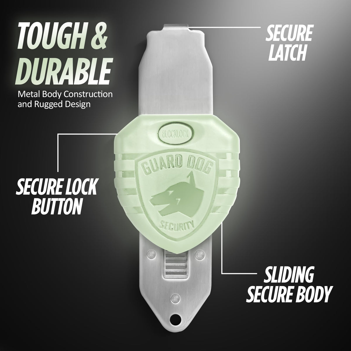 Guard Dog Security BlockLock durable stainless steel for reliable door protection.