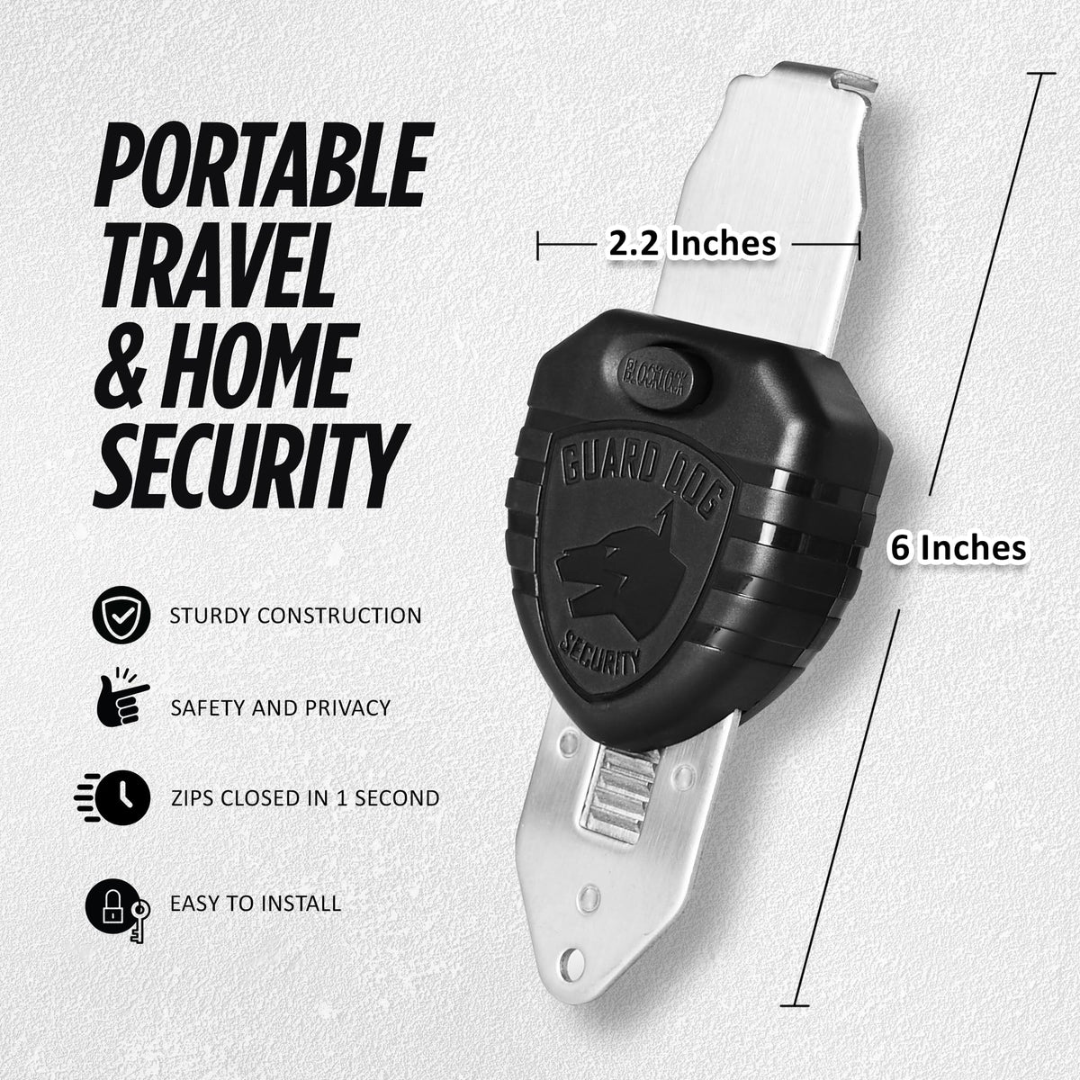 Guard Dog Security BlockLock shows tool-free, quick installation on a door edge for fast setup.