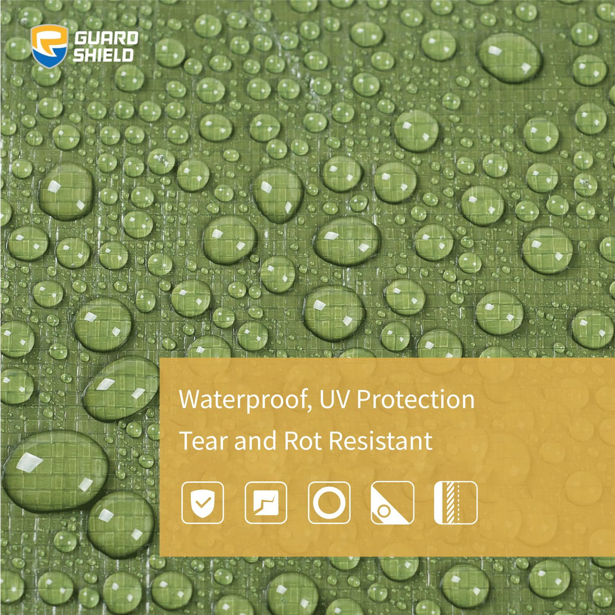 Guard Shield weatherproof tarp features rustproof grommets every 3 feet for secure anchoring.
