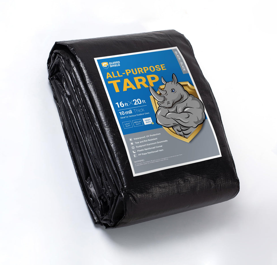 GUARD SHIELD 16x20 black tarp ready to shield outdoor gear from rain