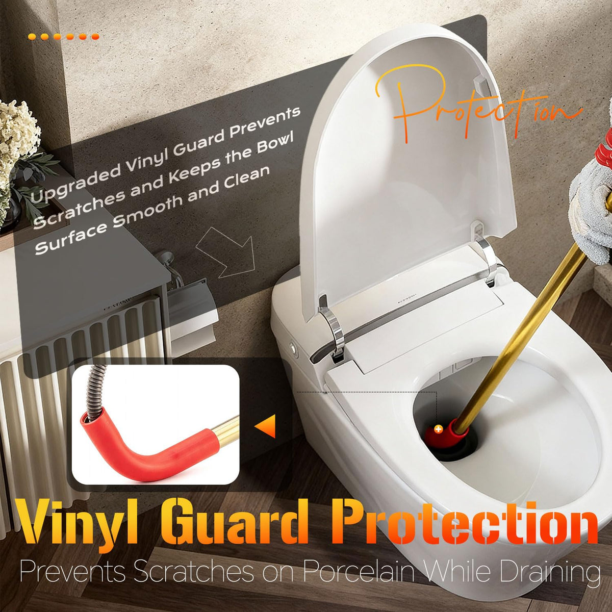 GuardFlow vinyl guard protects porcelain while guiding the cable.