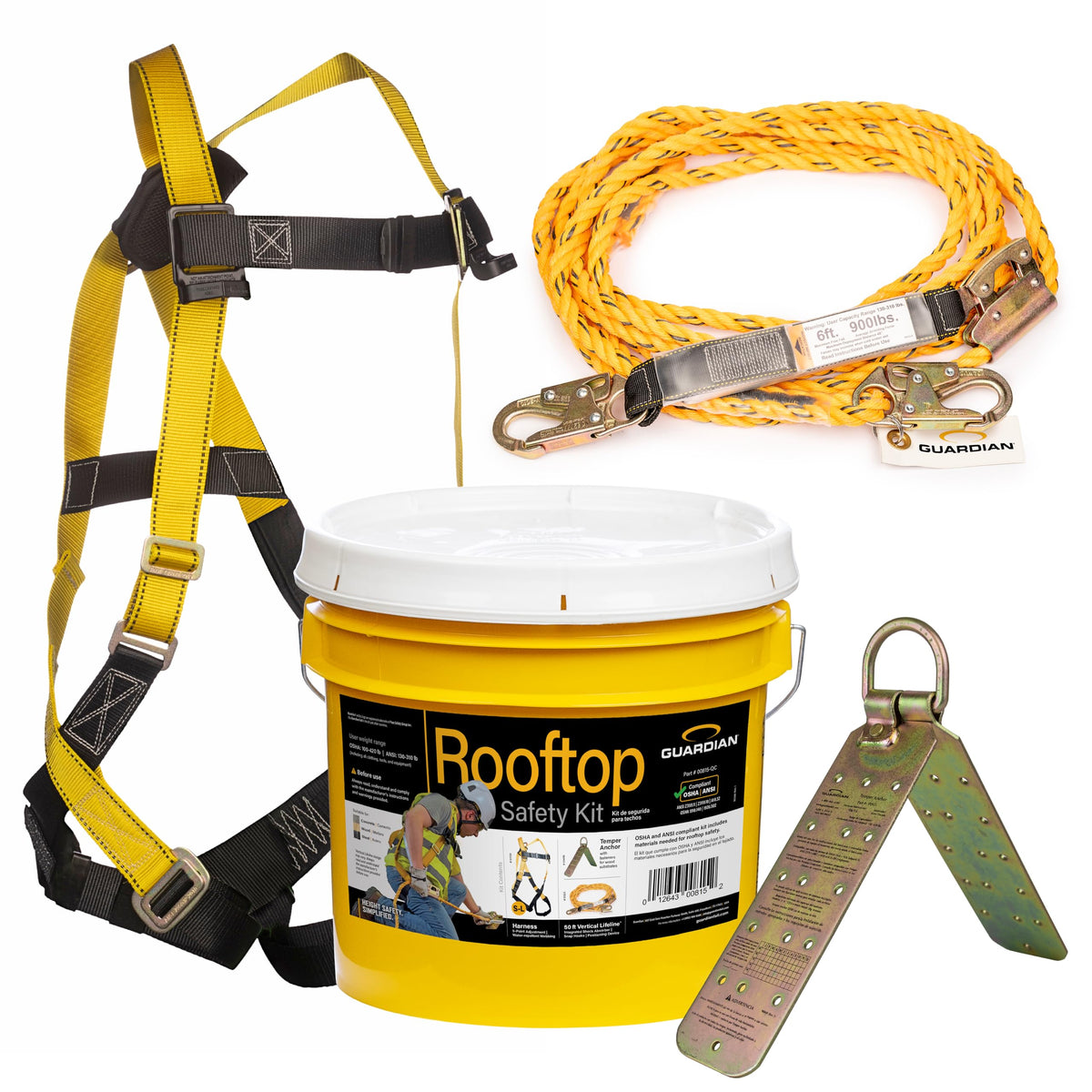 Guardian 00815 Rooftop Safety Kit bucket stores all components for quick transport and setup.
