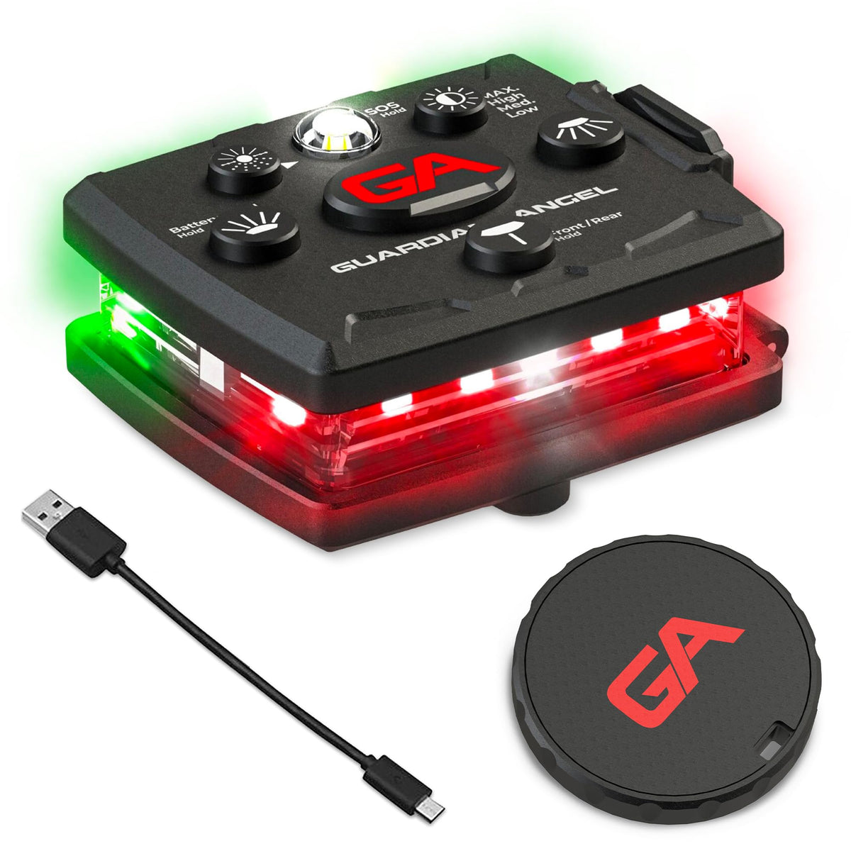 Guardian Angel Micro front red beacon for high visibility during night walks.