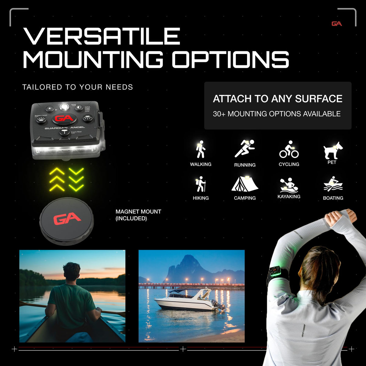 Guardian Angel Micro magnet mounting system enables hands-free attachment.