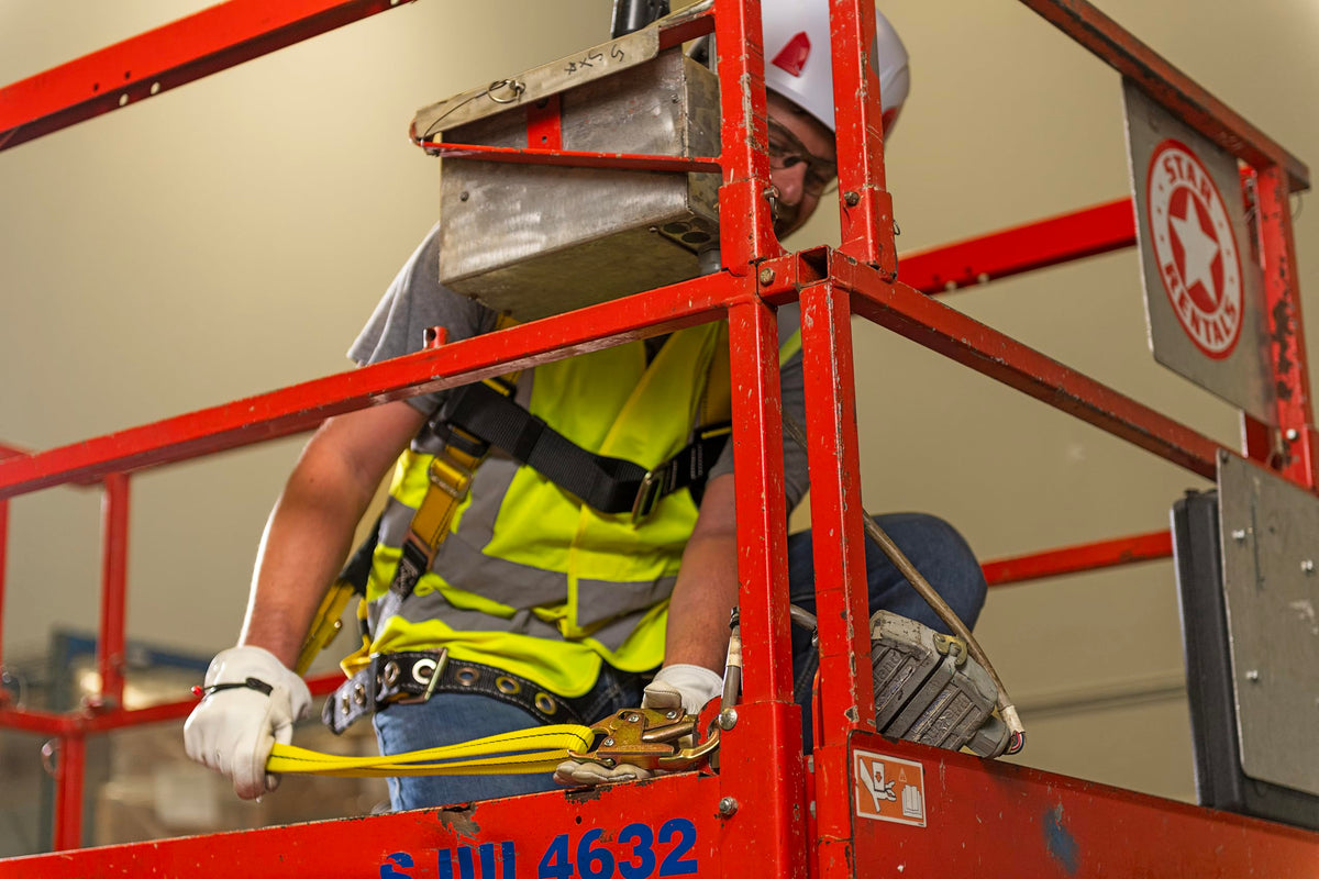 Adjustable 4-6 ft lanyard length shown for flexible access to work zones