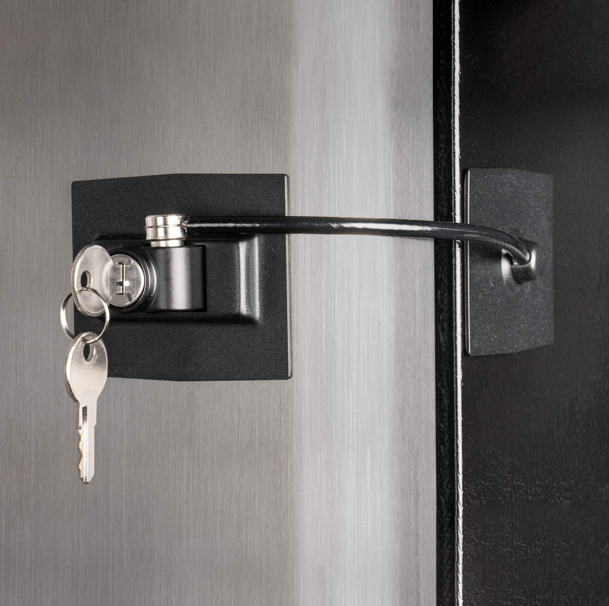 Guardianite premium fridge lock, black front view, secures medicines with key access