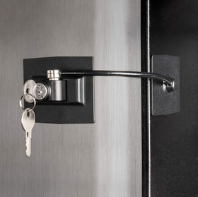 Guardianite premium fridge lock, black front view, secures medicines with key access