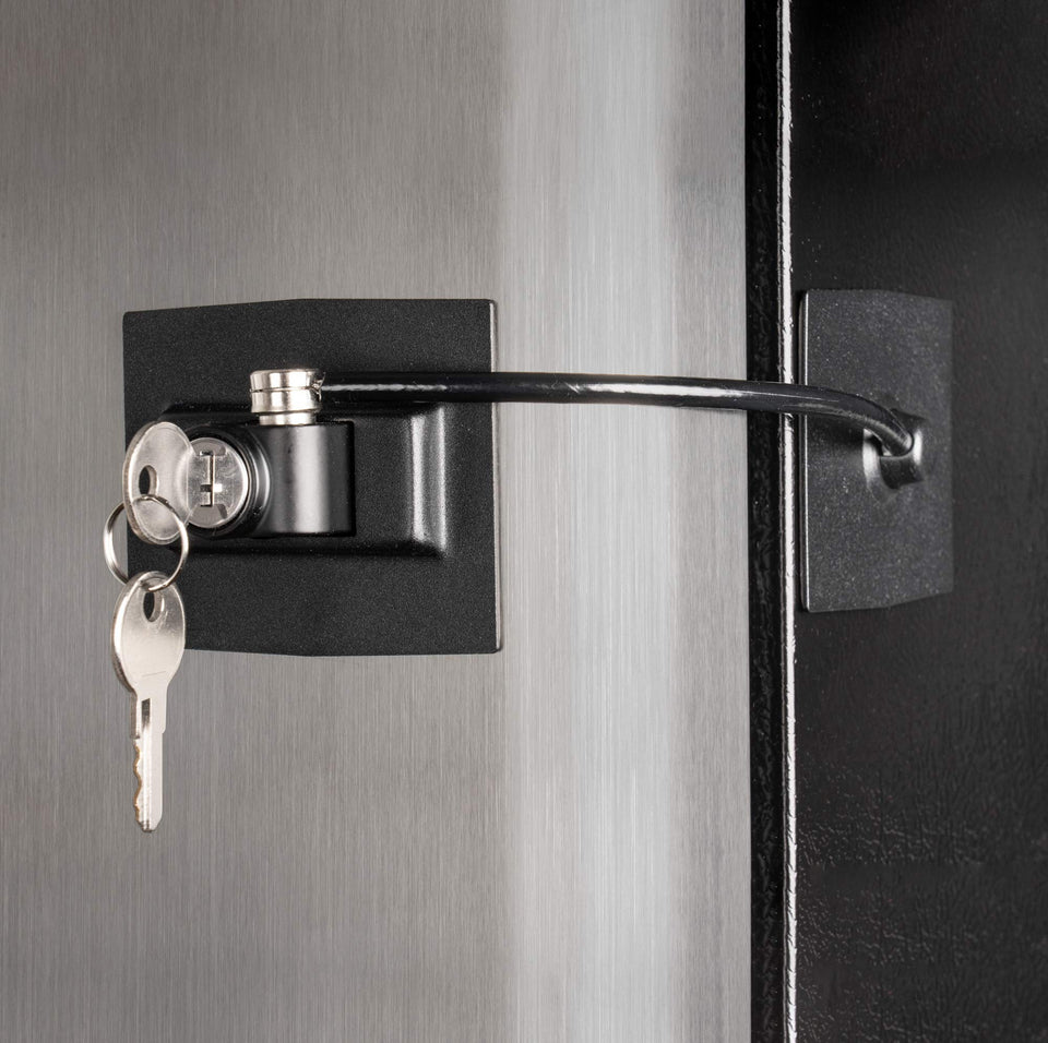 Guardianite premium fridge lock, black front view, secures medicines with key access