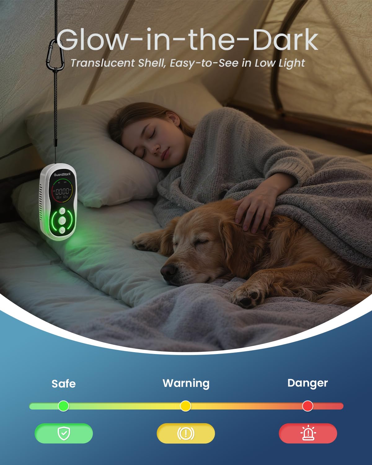 GuardStarX Watcher-S1 LCD display visible in low light with clear alerts