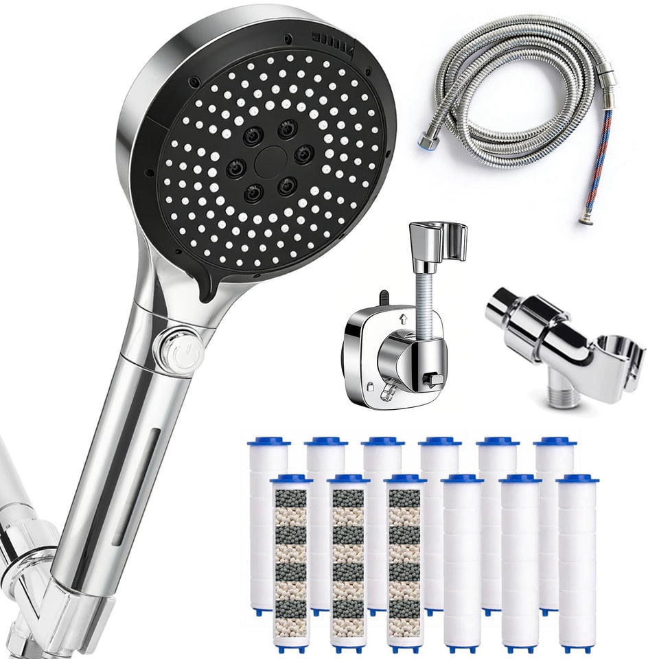 GuGoLar filtered shower head with clear filter chamber for improved water quality.